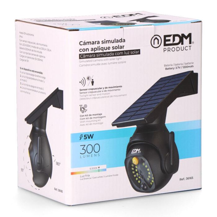 Edm Cámara Vigilancia Simulada Solar con Aplique, IP44, 5W Luz Fría 6500K, Sensor Crepuscular y Movimiento, 3 Modos 3