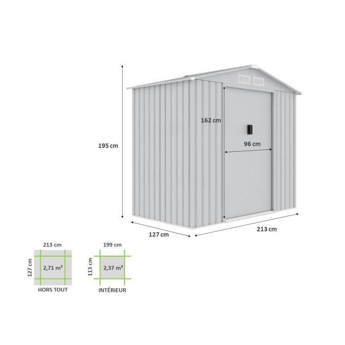 Caseta de jardín de metal 2,71 m² - 213 x 127 x 195 cm - Kit de anclaje incluido - Gris 3