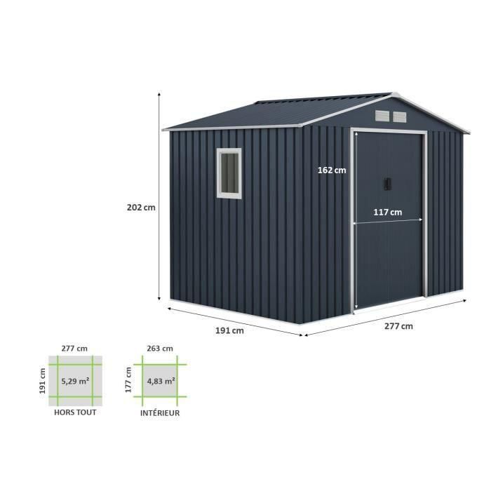 Caseta de jardín de metal 5,29 m² - 277 x 191 x 202 cm - Kit de anclaje incluido - Gris 2 Caseta de jardín de metal 5,29 m² - 277 x 191 x 202 cm - Kit de anclaje incluido - Gris 2