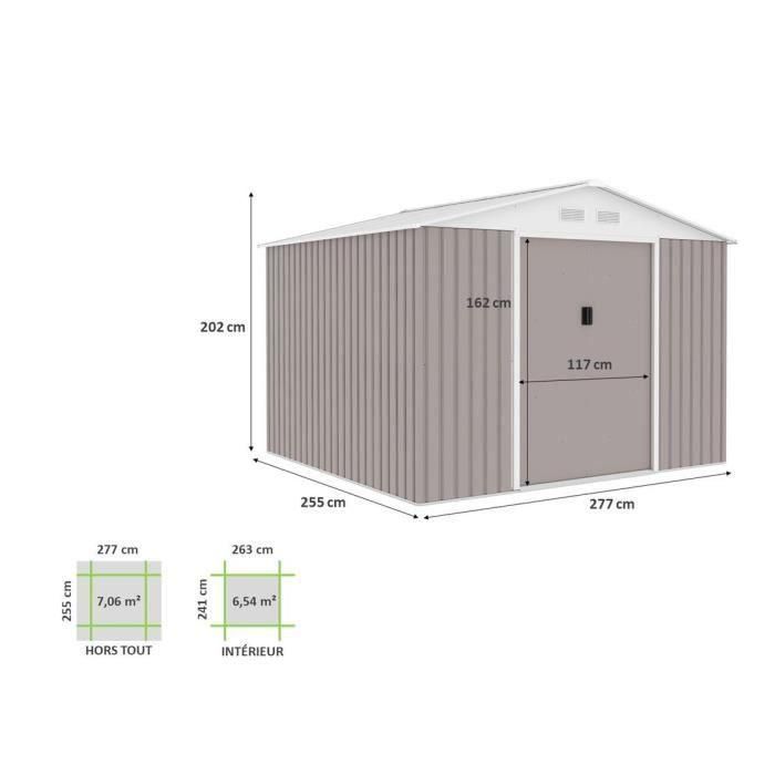 Caseta de jardín de metal 7,06 m² - 277 x 255 x 202 cm - Kit de anclaje incluido - Taupe 3 Caseta de jardín de metal 7,06 m² - 277 x 255 x 202 cm - Kit de anclaje incluido - Taupe 3
