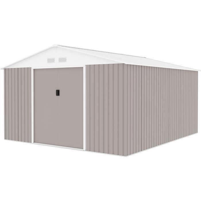 Caseta de jardín de metal 12,99 m² - 340 x 382 x 210 cm - Kit de anclaje incluido - Taupe