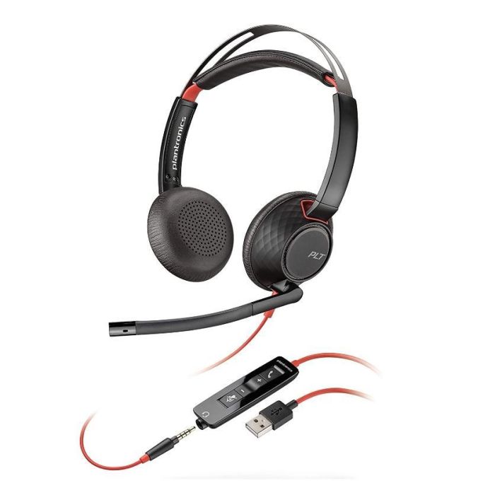 Poly Auriculares Blackwire 5220 Diadema Binaural C- Micrófono Control De Volumen Cable Usb+Jack 3,5 mm Negro-Rojo