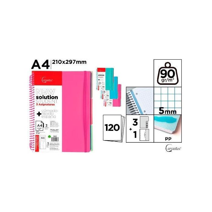 Cuaderno Espiral A4 120H 90 gr 3 Separadores 5x5 Tapa Pp Translúcido Pack De 5 C-Surtidos