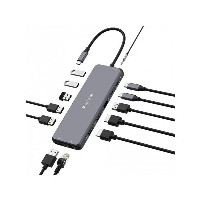 Verbatim 2 x HDMI, 8K30Hz, 1 x DP, 8K/30Hz, 1 x RJ45, up to 1Gb/s, 3 x USB-A 3.2 Gen 1, 5Gb/s, 1 x USB-A 3.2 Gen 2, 10Gb/s, 2 x USB-A 2.0, 480Mb/s, 1 x Audio, in & out, 2 x USB-C PD, 100W & 10Gb/s, 160.2mm x 55.4mm x 15mm Verbatim 2 x HDMI, 8K30Hz, 1 x DP, 8K/30Hz, 1 x RJ45, up to 1Gb/s, 3 x USB-A 3.2 Gen 1, 5Gb/s, 1 x USB-A 3.2 Gen 2, 10Gb/s, 2 x USB-A 2.0, 480Mb/s, 1 x Audio, in & out, 2 x USB-C PD, 100W & 10Gb/s, 160.2mm x 55.4mm x 15mm