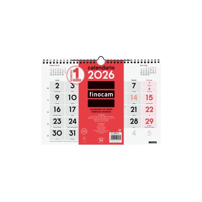 Finocam M-300x210 mm Mv Neutro Calendario de Pared 2026 con Números Grandes, Anual, Doble Espiral