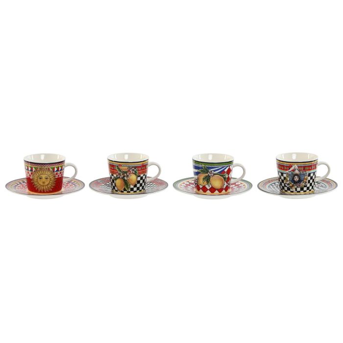 Taza Set Plato Moderno DKD Home Decor Rojo Amarillo 12.5 x 1.5 x 12.5 cm (4 Unidades)