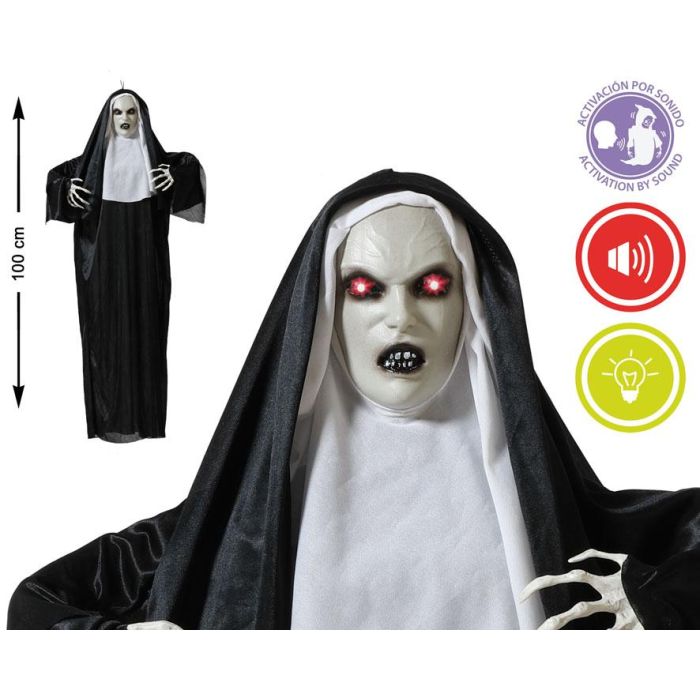 Figura Colgante Monja Demoníaca Con Capa Negra Y Capucha Blanca Con Luz Y Sonido