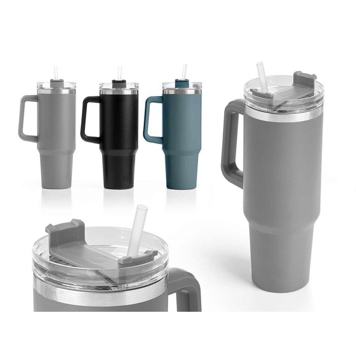 Kinvara Vaso Térmico de 1200 ml con Asa y Pajita, Doble Pared de Acero Inoxidable, Surtido Colores Oscuros (12 Unidades)