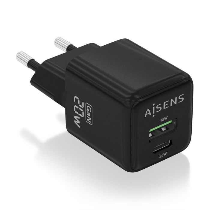 AISENS - CARGADOR GaN 20W, 1xUSB-C PD3.0 QC4.0, 1xUSB-A QC3.0, NEGRO