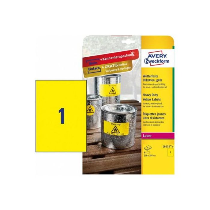 Avery L6111-8 Paquete 8 Hojas Etiquetas Amarillas de Poliéster para Impresoras Láser Formato A4 0 Avery L6111-8 Paquete 8 Hojas Etiquetas Amarillas de Poliéster para Impresoras Láser Formato A4 0