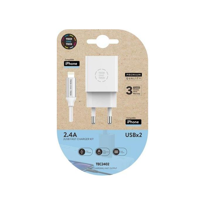 Cargador Tech-One-Tech Doble Pared Blanco + Cable Usb-Lightning Alto Rendimiento 2,4A