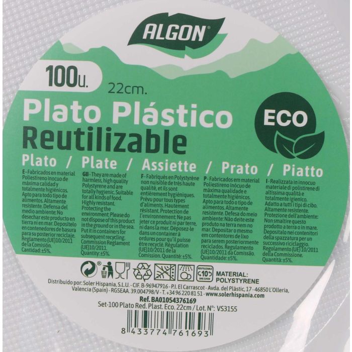 Set de 100 Platos Redondos Ecológicos de Plástico 22 cm Algon (6 Cajas) 5 Set de 100 Platos Redondos Ecológicos de Plástico 22 cm Algon (6 Cajas) 5