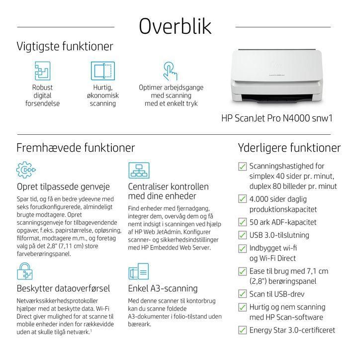 HP N4000 snw1 ScanJet Pro Escáner Documental Color Alimentación de Hoja 40ppm/80ipm ADF 50 Páginas 4000 Páginas/Día 6