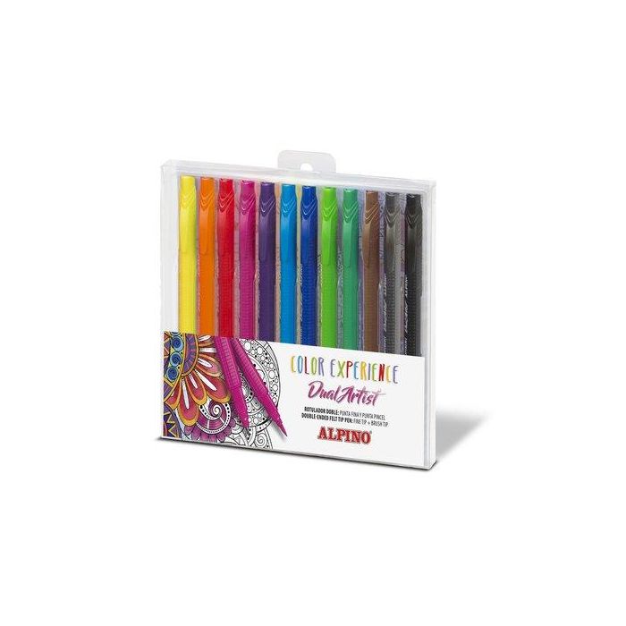 Alpino Rotuladores Color Experience Dual Artist Doble Punta, Estuche 12 Ud - Punta Fine Liner y Pincel
