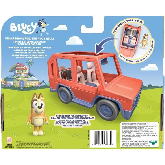 Moose 4x4 Familia Bluey 17661 Todoterreno con Figura Articulada de Chilli para Viajes por Carretera, Incluye 4 Figuras Bluey, +3 Años 1