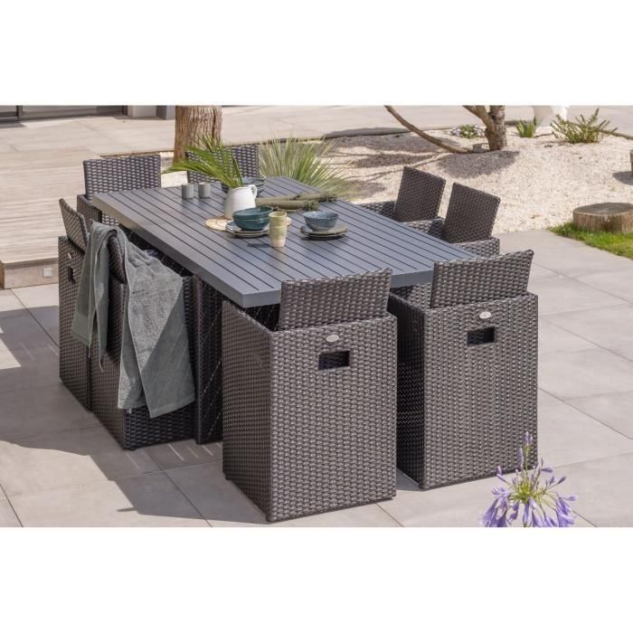 Conjunto de comedor de jardín empotrado - Negro - Mimbre de resina y bandeja de aluminio - 8 plazas - PVC-8-ALU-N - DCB GARDEN
