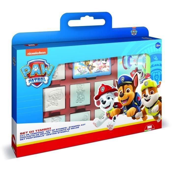 Caja para sellos - MULTIPRINT - 7903 - Paw Patrol - 7 sellos de madera y látex, rotuladores Giotto, álbum para colorear