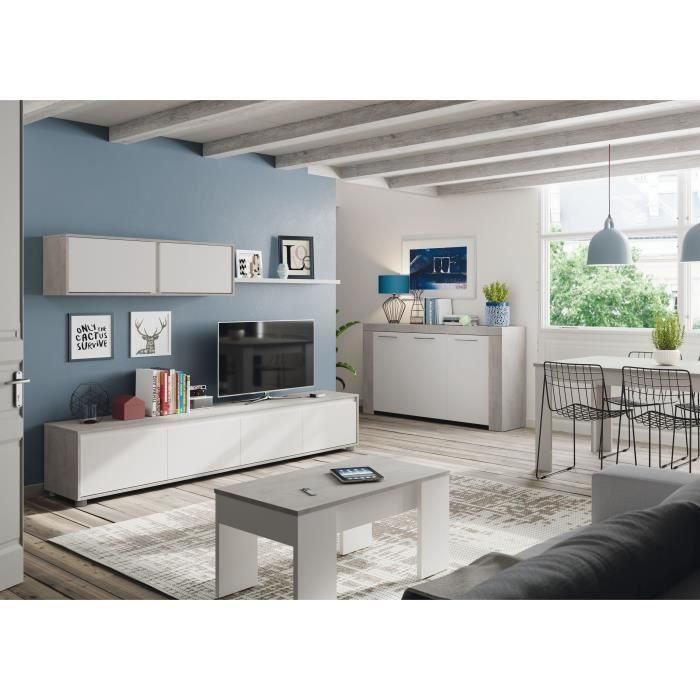 Conjunto mueble TV ALIDA - Mueble bajo 4 puertas + mueble alto 2 puertas + balda suspendida - Blanco y cemento 1 Conjunto mueble TV ALIDA - Mueble bajo 4 puertas + mueble alto 2 puertas + balda suspendida - Blanco y cemento 1