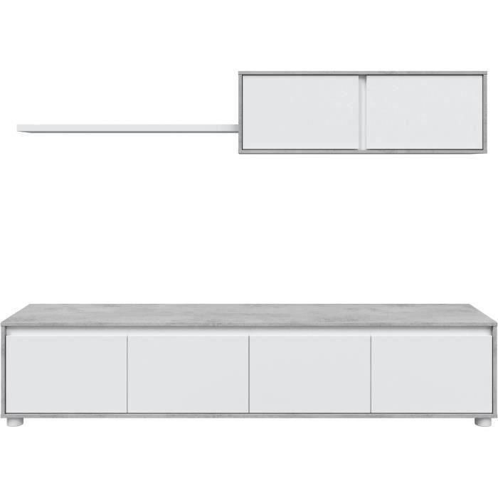Conjunto mueble TV ALIDA - Mueble bajo 4 puertas + mueble alto 2 puertas + balda suspendida - Blanco y cemento 2 Conjunto mueble TV ALIDA - Mueble bajo 4 puertas + mueble alto 2 puertas + balda suspendida - Blanco y cemento 2