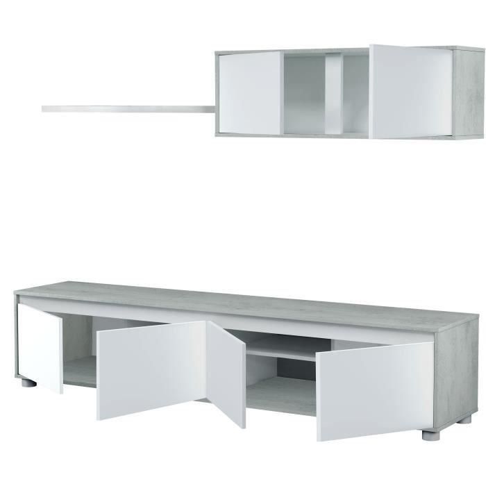 Conjunto mueble TV ALIDA - Mueble bajo 4 puertas + mueble alto 2 puertas + balda suspendida - Blanco y cemento 3 Conjunto mueble TV ALIDA - Mueble bajo 4 puertas + mueble alto 2 puertas + balda suspendida - Blanco y cemento 3