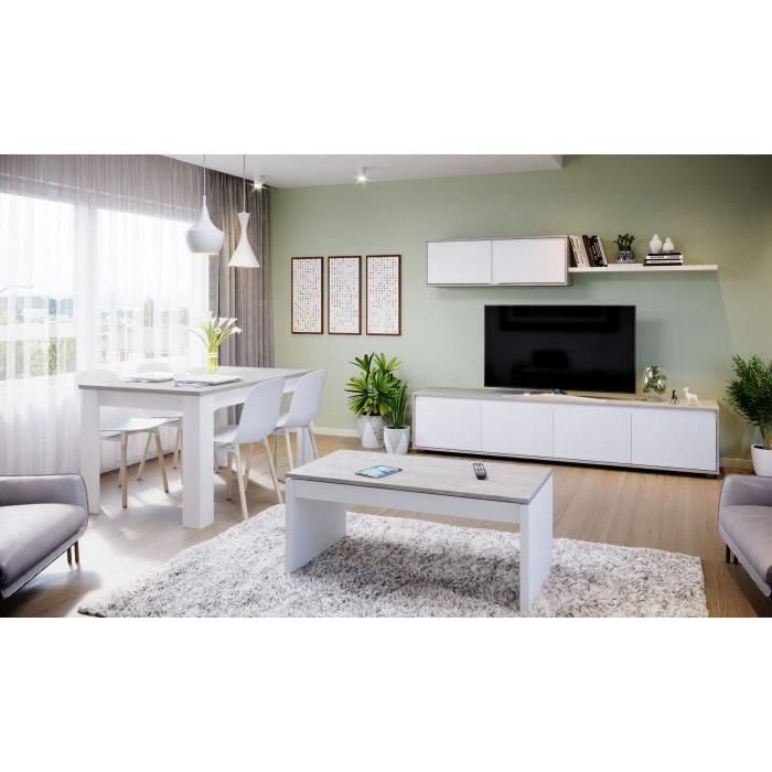 Conjunto mueble TV ALIDA - Mueble bajo 4 puertas + mueble alto 2 puertas + balda suspendida - Blanco y cemento 4 Conjunto mueble TV ALIDA - Mueble bajo 4 puertas + mueble alto 2 puertas + balda suspendida - Blanco y cemento 4