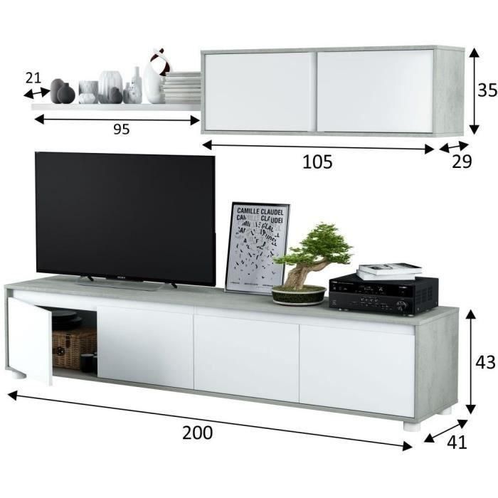 Conjunto mueble TV ALIDA - Mueble bajo 4 puertas + mueble alto 2 puertas + balda suspendida - Blanco y cemento 5 Conjunto mueble TV ALIDA - Mueble bajo 4 puertas + mueble alto 2 puertas + balda suspendida - Blanco y cemento 5