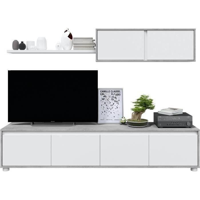 Conjunto mueble TV ALIDA - Mueble bajo 4 puertas + mueble alto 2 puertas + balda suspendida - Blanco y cemento Conjunto mueble TV ALIDA - Mueble bajo 4 puertas + mueble alto 2 puertas + balda suspendida - Blanco y cemento