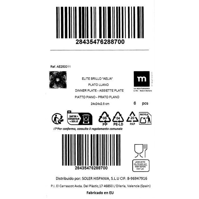La Mediterranea Plato Llano Aelia Elite Brillo 24 x 24 cm (6 Unidades) 2