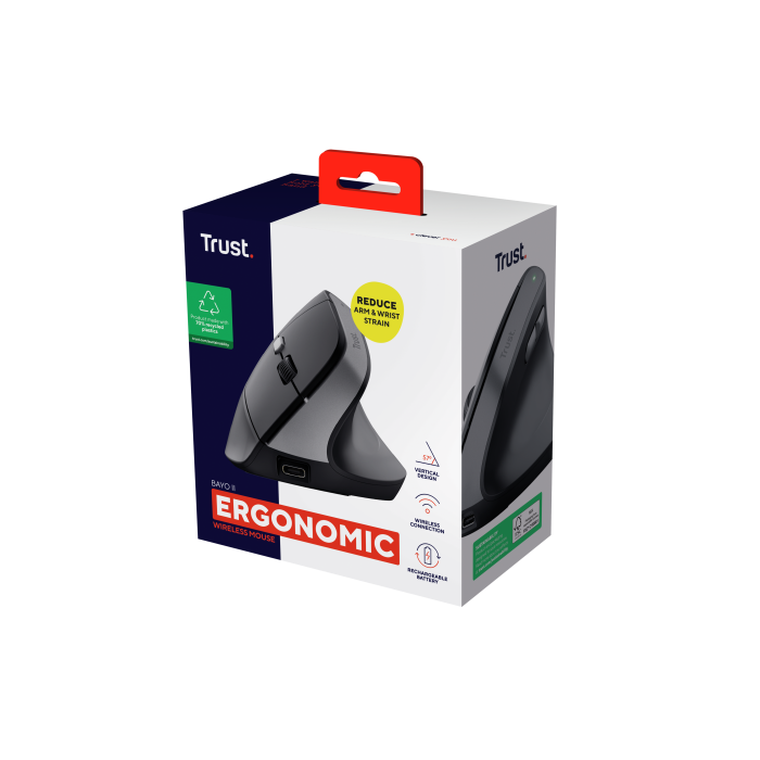 Trust 25145 Ratón Vertical Inalámbrico Ergonómico Bayo II Recargable 2400 DPI con 6 Botones - 60% Plástico Reciclado 7