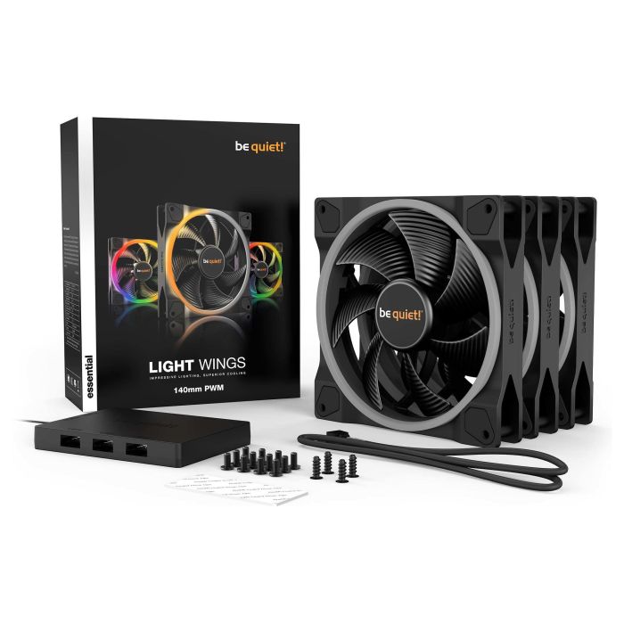 Be Quiet! LIGHT WINGS 140mm PWM ARGB Triple-Pack Ventilador de PC, 1500 RPM, Flujo de Aire 95.14 m³/h, Iluminación LED Multicolor, Negro, 140x140x25mm