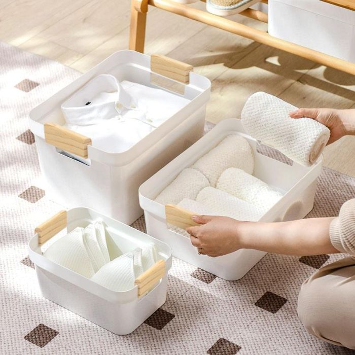 Inde Cesta Multiusos Plástico con Asas de Madera Confortime, 37,3 cm x 26,2 cm x 13,9 cm 3