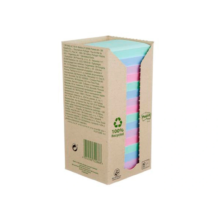 Post-it Bloc de notas adhesivas 76x76 mm 100% reciclada PEFC, pack 16 unidades, colores surtidos 2