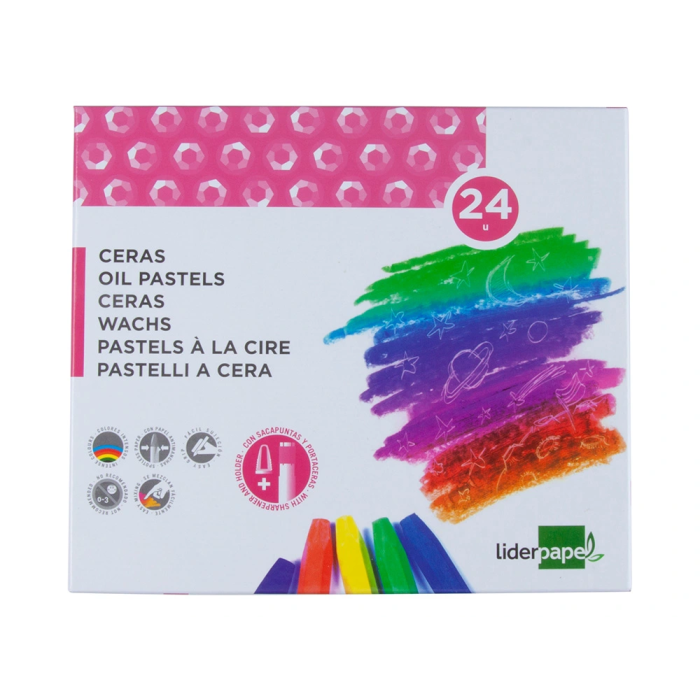 Liderpapel Lápices de Cera Semi Blandos Caja 24 Unidades Colores Surtidos Forma Hexagonal Papel Antimanchas Uso Escolar 1