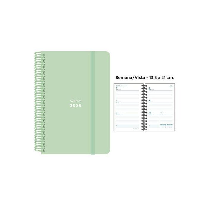 Agenda Anual (2026) Senfort Pastel Espiral Tapa Pp Con Goma 135X210 S/V Verde