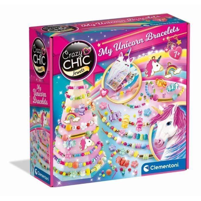 Clementoni - Crazy Chic - Caja creativa Unicornio - Crea tus pulseras de pedrería de colores con dijes y pompones - A partir de 7 años