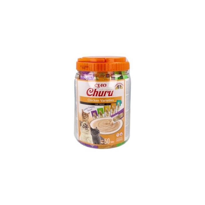 CHURU VET Snacks para Gatos Variedades de Pollo, 50 Bolsas de 4 Sticks de 15g
