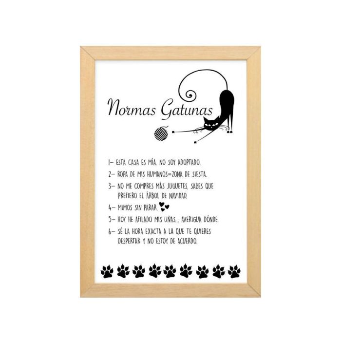 Cartel Decoración Normas Gatunas 35x25 cm - Divertido cuadro para amantes de gatos - Decoración de pared