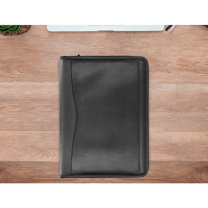 Q-connect Carpeta Portafolios con Cremallera, Calculadora y Bolsa para Móvil, Plástico tacto Piel, 260x355 mm, Negro 7