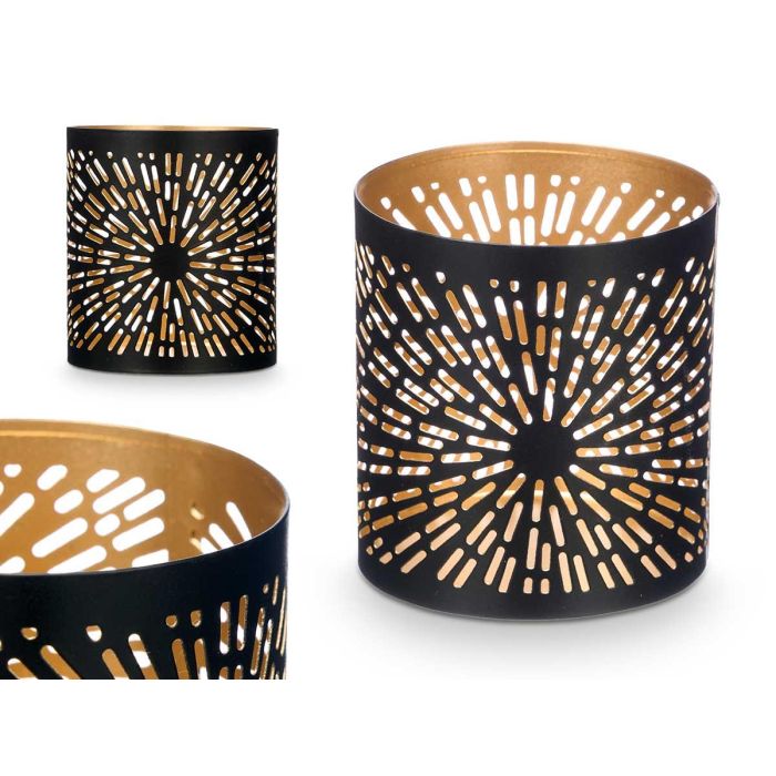 Portavela Calado Negro Dorado Rayas Giftdecor 9x10x9 cm Metal Hierro (24 Unidades) Portavela Calado Negro Dorado Rayas Giftdecor 9x10x9 cm Metal Hierro (24 Unidades)