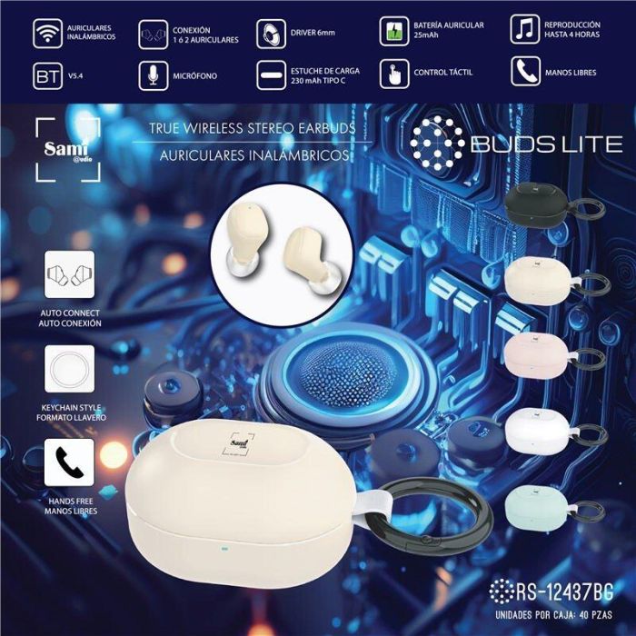 SAMI BUDS LITE TWS Auriculares Inalámbricos Beige con Mini Llavero y Batería 25mAh - Audífonos Bluetooth