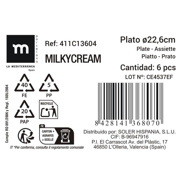 La Mediterranea Plato Hondo "Milkycream", Diametro 22.6 cm, 4.6 cm de Alto, Modelo Md (12 Unidades)