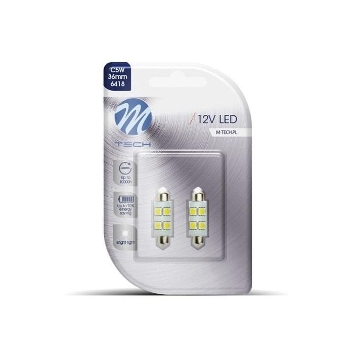 M-Tech L072 W Bombilla LED C5W 36mm 4x SMD5050 Blanco para Matrícula y Luz Interior 12V