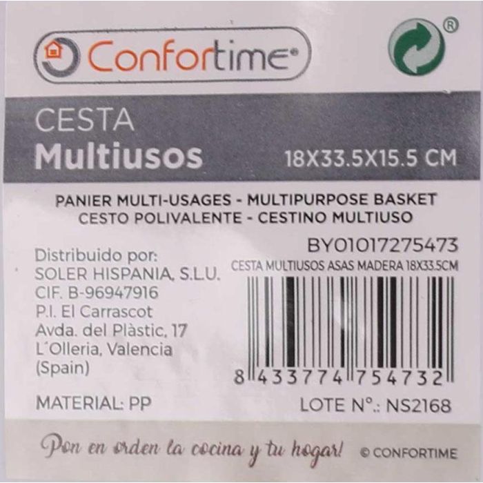 Confortime Cesta Multiusos con Asas de Madera, 18 cm Ancho x 33,5 cm Largo x 15 cm Alto (12 Unidades) 14