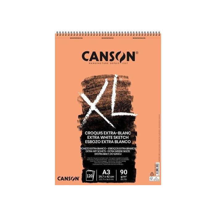 Bloc De Dibujo Canson Xl Croquis Extra Blanco Con Espiral Grano Fino A3 90G 120H
