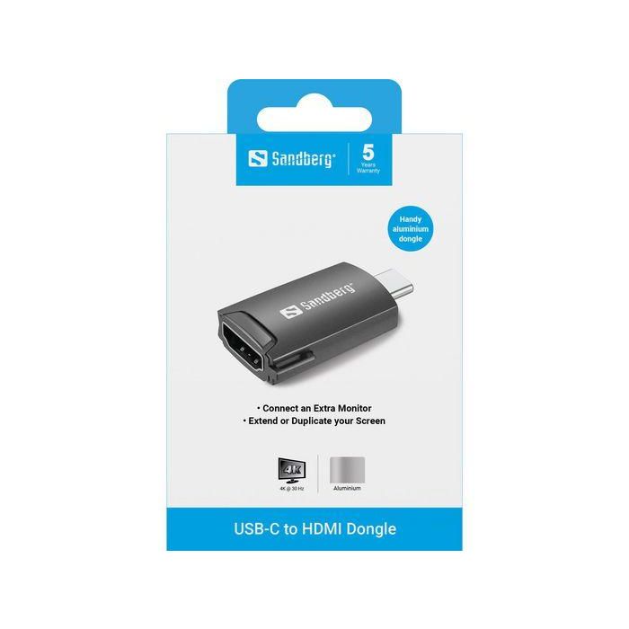 Sandberg Dongle USB-C a HDMI para Conectar Segundo Monitor, TV o Proyector al Ordenador 1 Sandberg Dongle USB-C a HDMI para Conectar Segundo Monitor, TV o Proyector al Ordenador 1