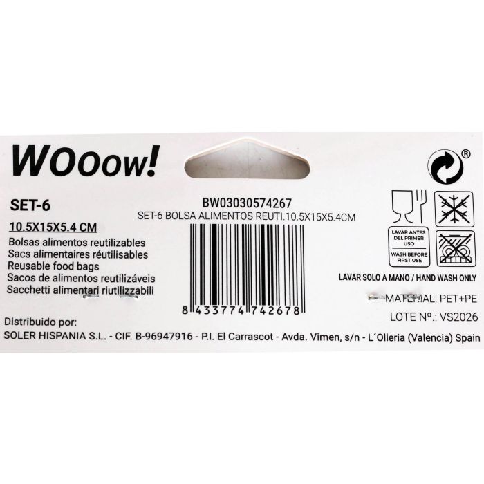 Wooow Set 6 Bolsas Alimentos Reutilizables 10.5 cm (36 Unidades)