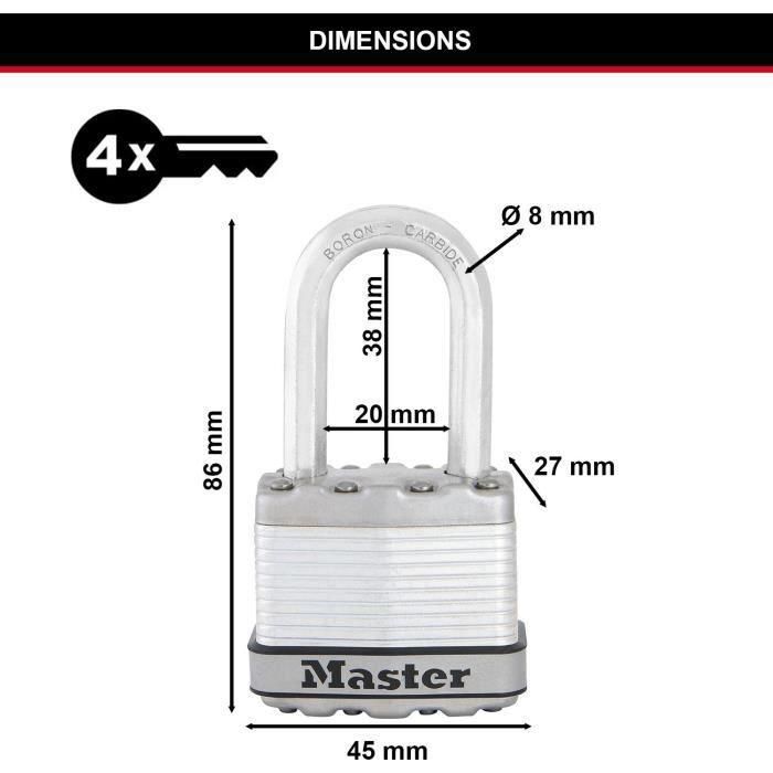 Master Lock Candado de Alta Seguridad Excell M1EURDLF de Acero Laminado 45mm, Arco Octogonal 8mm Carburo de Boro, para Exteriores 4
