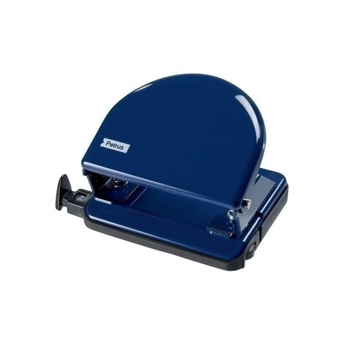 Petrus Taladrador de papel 20 hojas azul de cuerpo metálico con 2 taladros y regleta de ajuste perfecto, base 115x60 mm