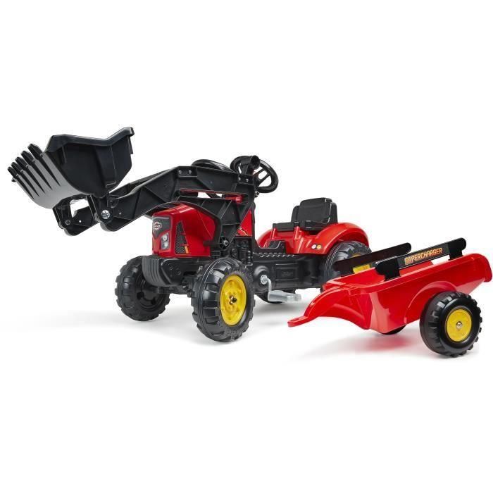 Tractor de pedal rojo sobrealimentador con capota abatible y remolque Tractor de pedal rojo sobrealimentador con capota abatible y remolque