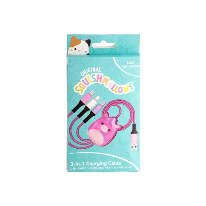 Wondee Cable de Carga 3 en 1 Squishmallows Lola La Unicornio Oficial 1.2 m - Micro USB, USB-C, Lightning para Apple, Samsung, Huawei